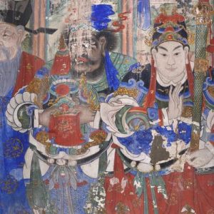 Close up image showing a worn but still bright painted mural depicting Lord Guan