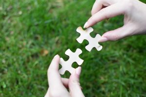 Two hands about to bring two plain wooden puzzle pieces together in front of a blurred background of green grass.