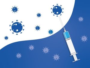 Blue and white graphic of vaccine needle and virus cells