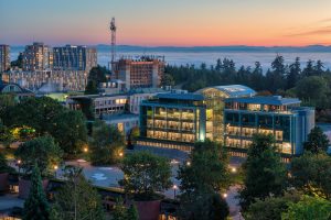 Aerial view of Koerner Library at sunset.